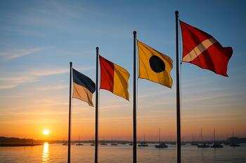 Harbor flags lightly fluttering at sunrise